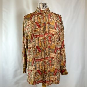 Ellen Tracy Vintage Silk Cream & Red Book Pattern Long Sleeve Women’s Blouse